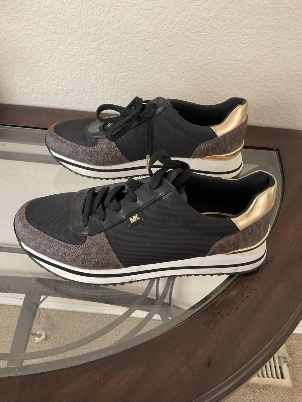 Michael Kors Black and Brown Platform Sneakers with Gold Trim - Picture 4 of 9